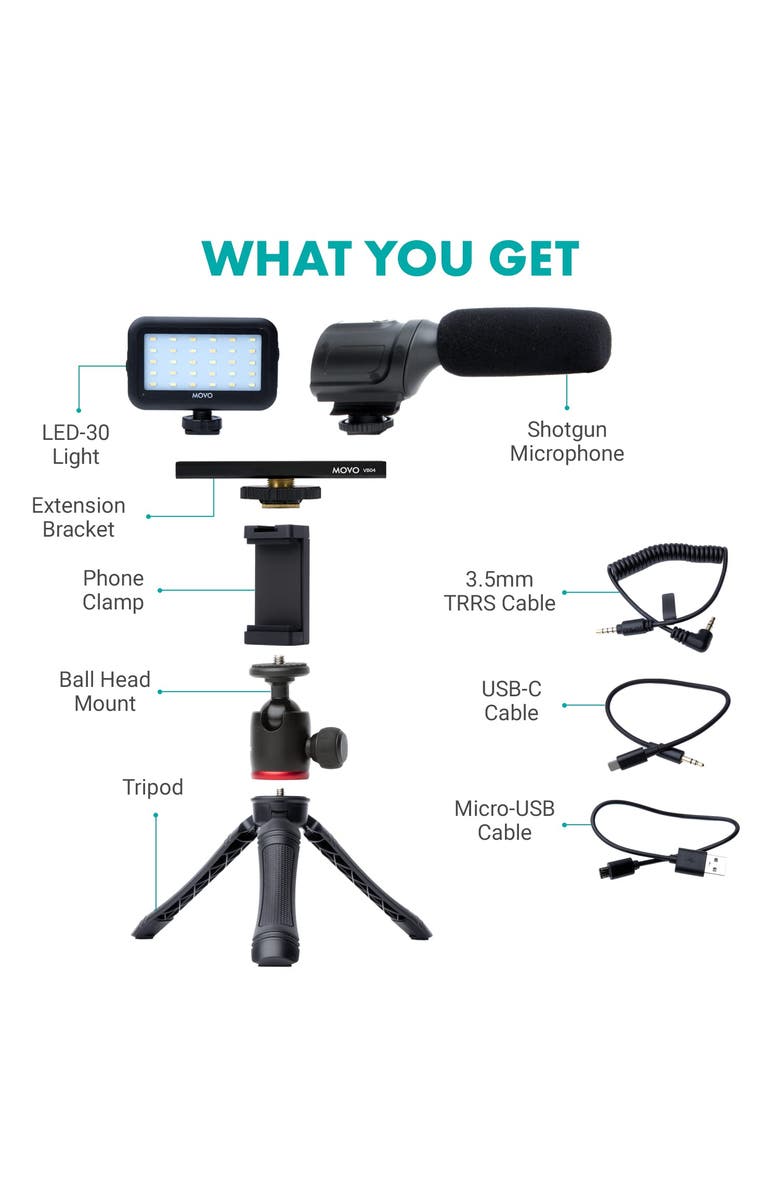 MOVO uVlogger Kit for Android with Light, Mic, Phone Mount, Tripod, Alternate, color, Black