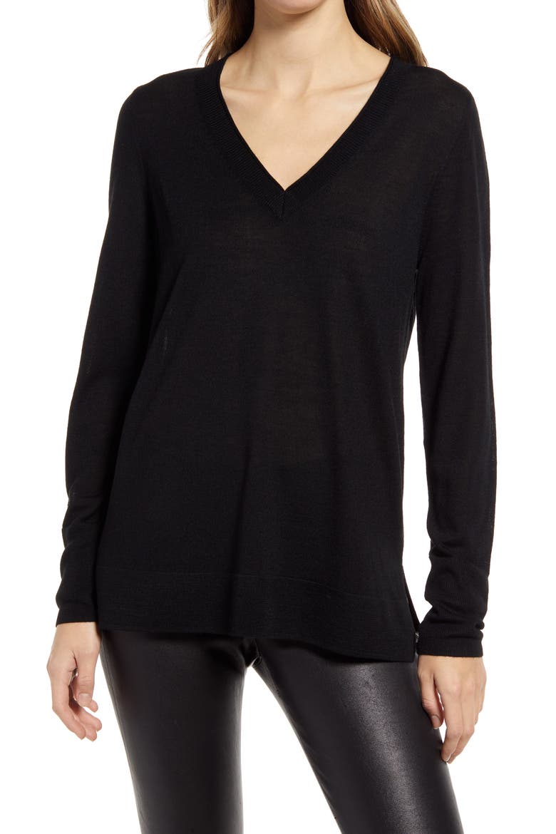V-Neck Merino Wool Blend Sweater, Main, color, BLACK