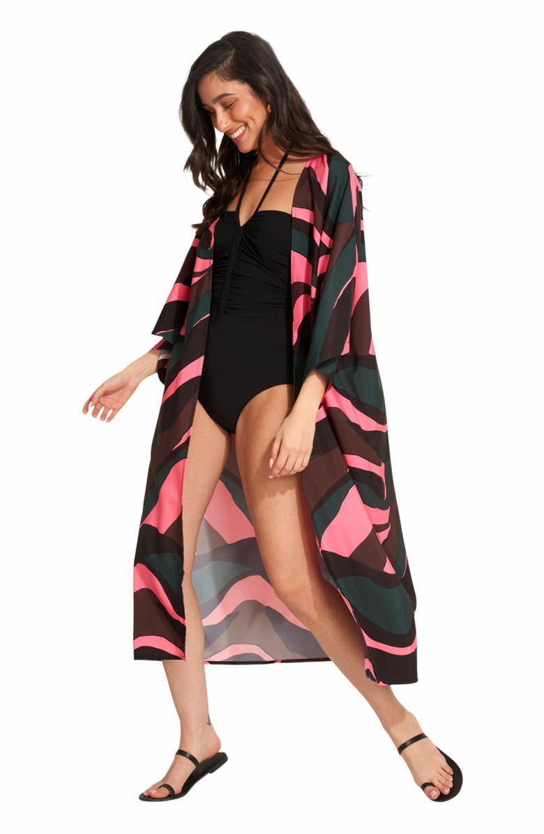 Gottex Beach Life IRIS MIDI SWIM COVER UP KIMONO, Alternate, color, Multi/Pink