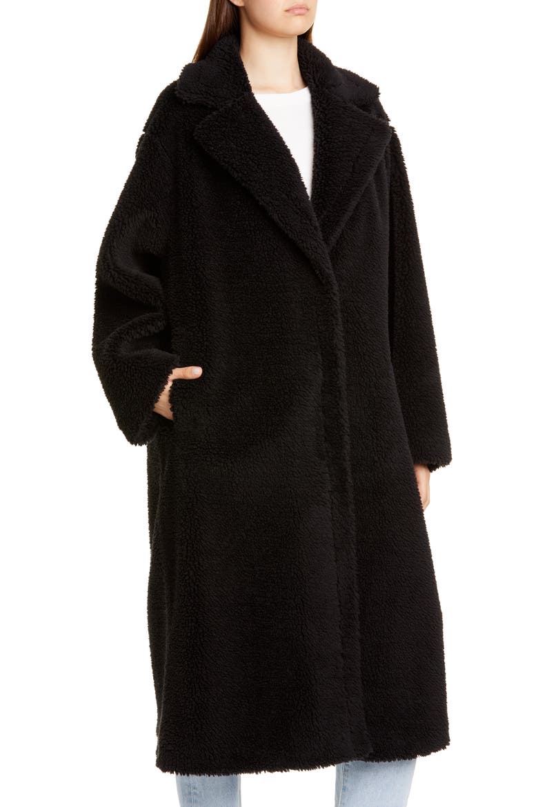 Maria Long Teddy Faux Fur Coat, Alternate, color, BLACK