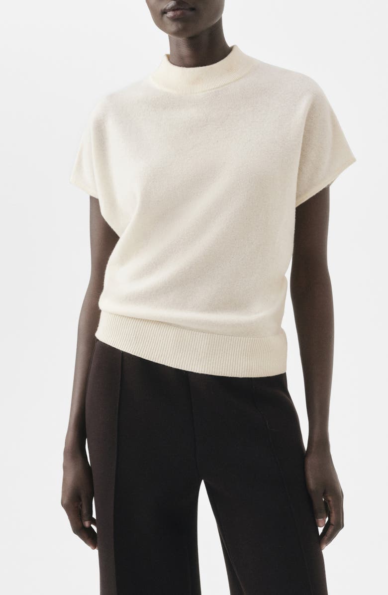 MANGO Selection Mock Neck Short Sleeve Wool & Cashmere Sweater, Main, color, Ecru