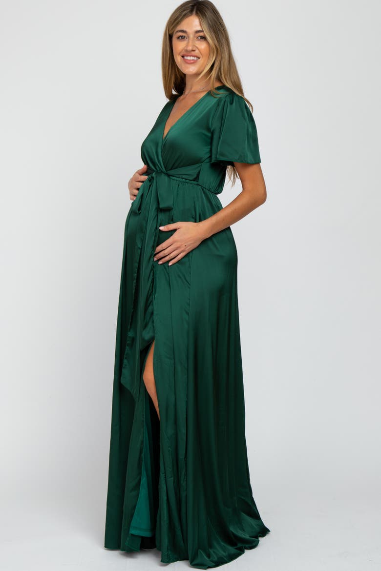 Side Slit Satin Maxi Dress, Alternate, color, Forest Green