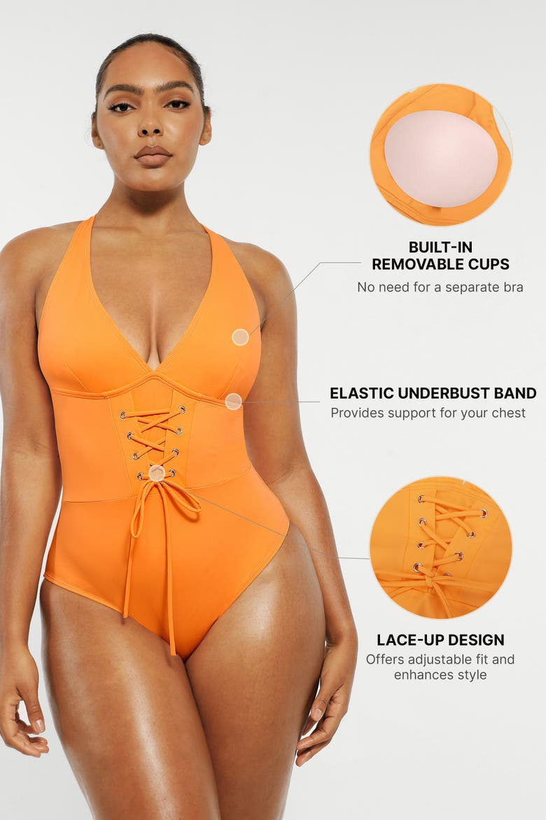 Plunge Lace-Up Corset Shaping One Piece Swimsuit, Alternate, color, Orange Yellow