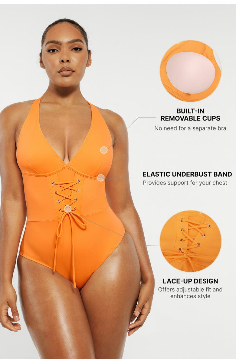 Shapellx Plunge Lace-Up Corset Shaping One Piece Swimsuit, Alternate, color, Matte Black
