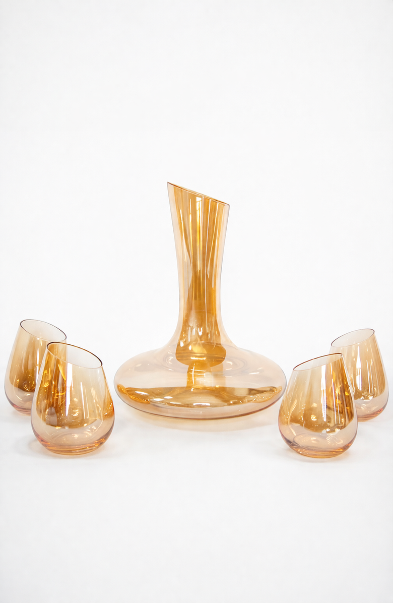Jeanne Fitz Slant Collection Wine Decanter and Set of Four Stemless Wine Glasses, Gold, Main, color, Gold