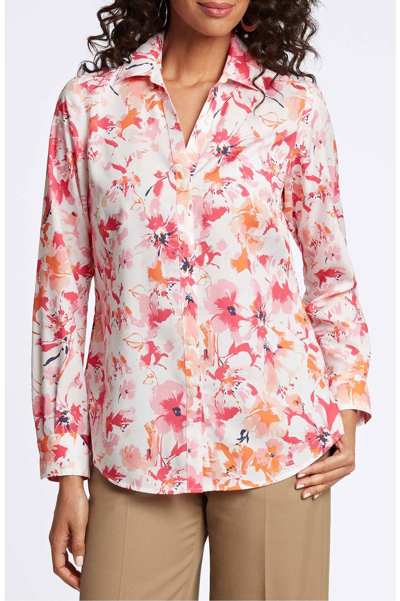 Mary Watercolor Print Cotton Button-Up Shirt, Main, color, PINK MULTI