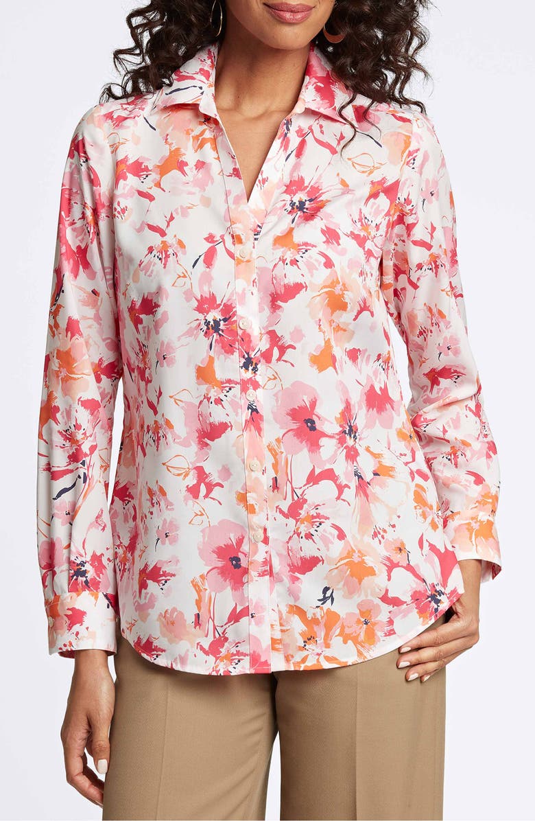 Foxcroft Mary Watercolor Print Cotton Button-Up Shirt, Main, color, Pink Multi