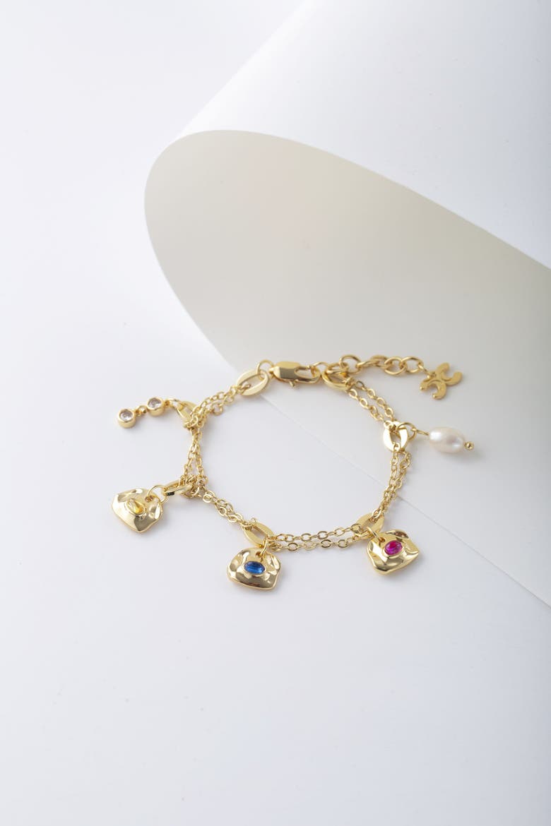 Iris Colored Cubic Zirconia and Freshwater Pearl Charms Bracelet, Alternate, color, Gold