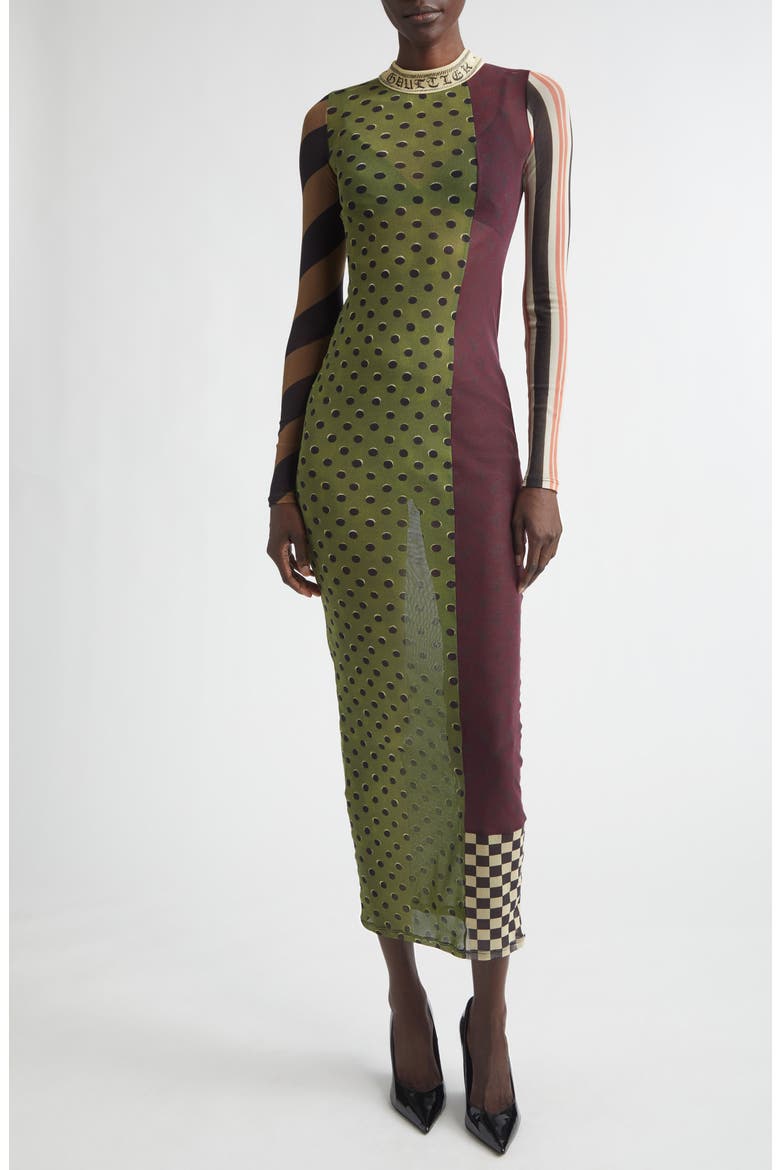 Patchwork Print Long Sleeve Mesh Body-Con Dress, Main, color, GREEN MULTICOLOR