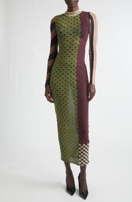 Jean Paul Gaultier Patchwork Print Long Sleeve Mesh Body-Con Dress