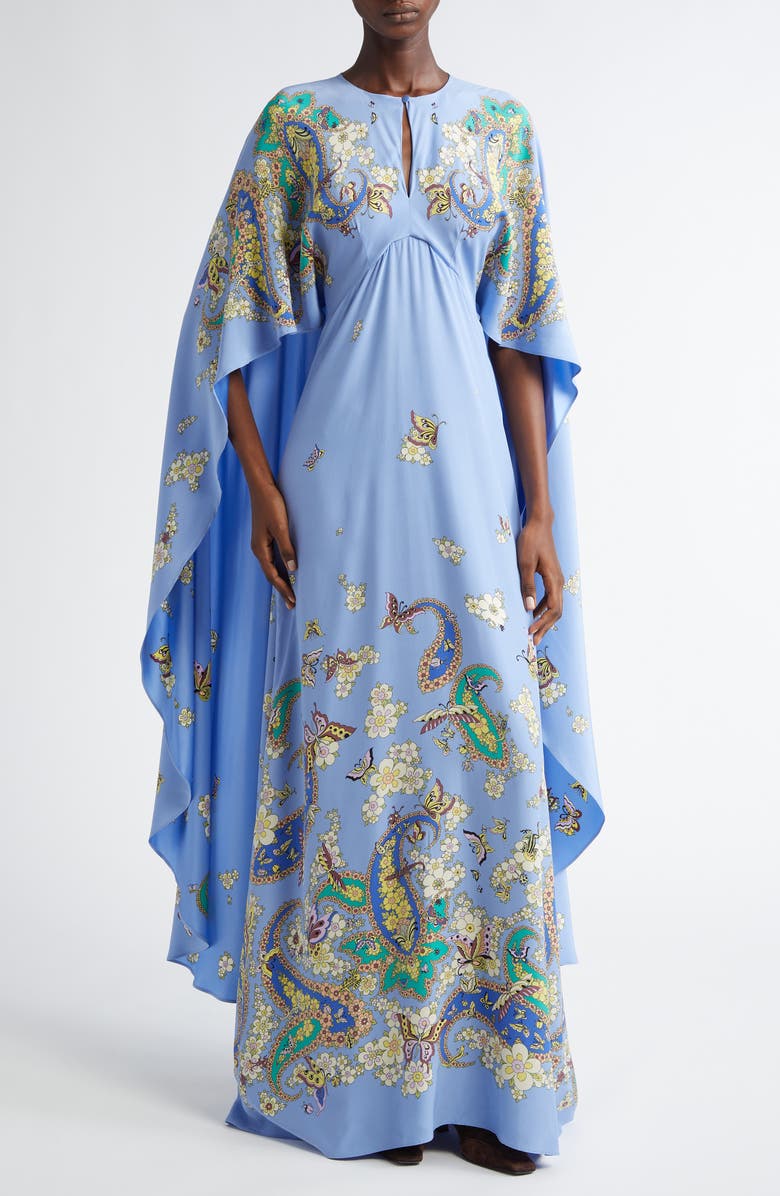 Etro Placed Paisley Silk Cape Gown, Main, color, 