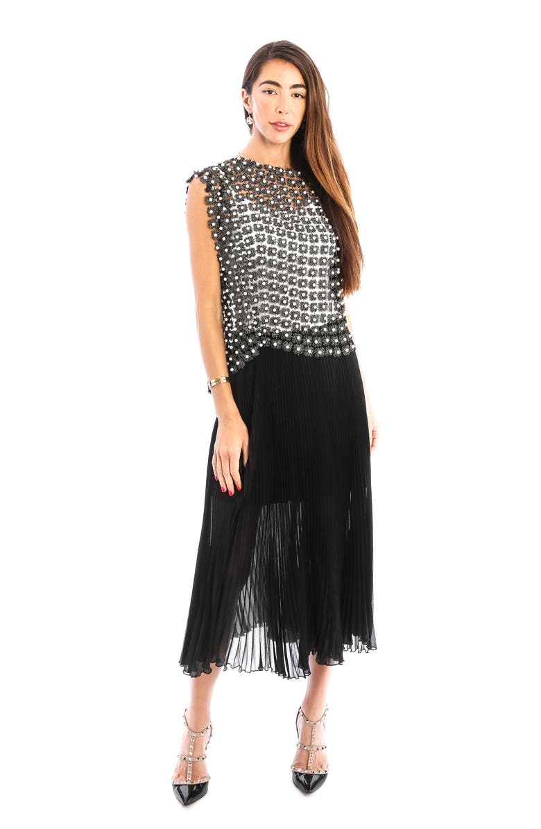 SAACHI Pearly Beaded Floral Lace Top, Alternate, color, Black