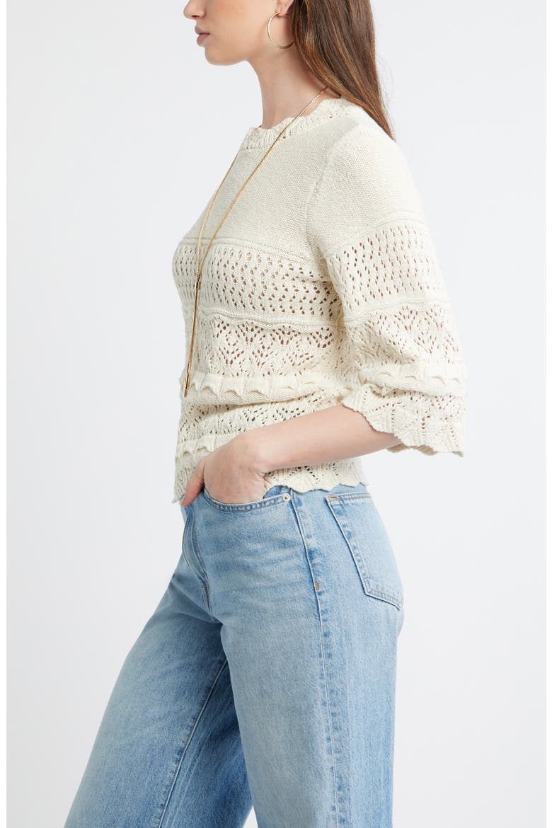 Pointelle Knit Scallop Trim Cotton Sweater, Alternate, color, IVORY DOVE