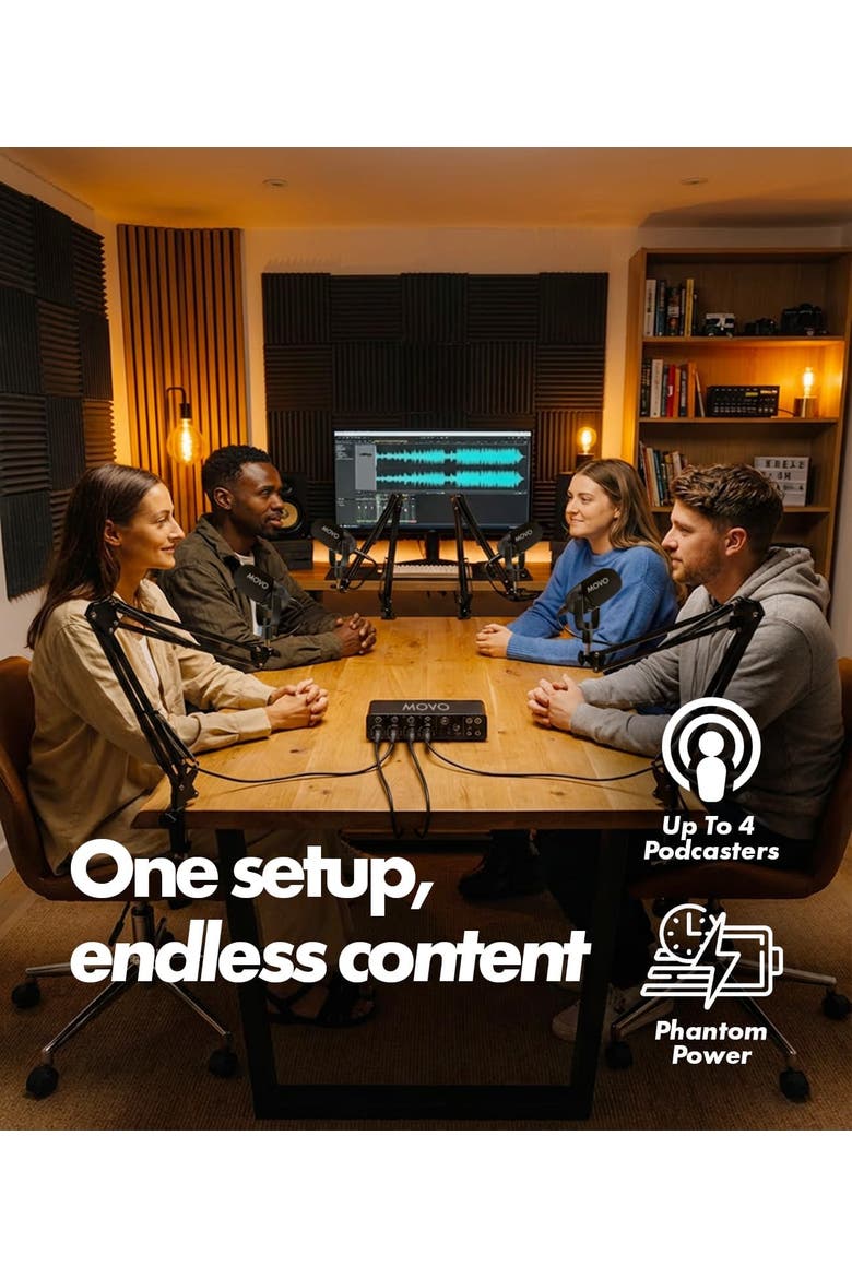Four Person Podcast Equipment Bundle with 4 Channel USB Audio Interface, 4 CastMic Dynamic Microphones, and 4 Boom Arms, Alternate, color, Black