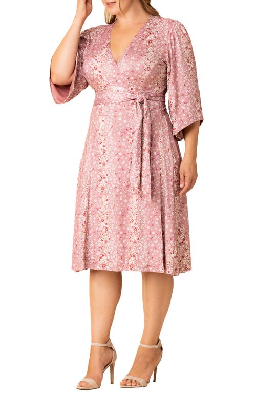 Kiyonna Gemini Floral Bell Sleeve Wrap Dress In Pink Floral Falls