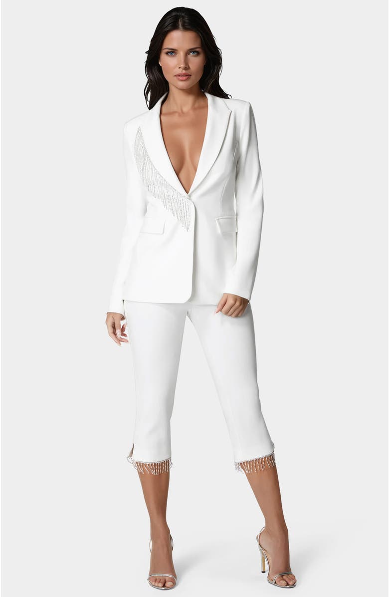 bebe Mid Waist Rhinestone Fringe Capri, Main, color, White Alyssum