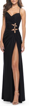 La Femme Jersey Long Prom Dress with Trendy Waist Cut Outs