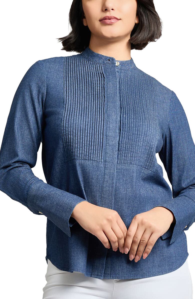 Jones New York Pintuck Stretch Denim Shirt, Main, color, 