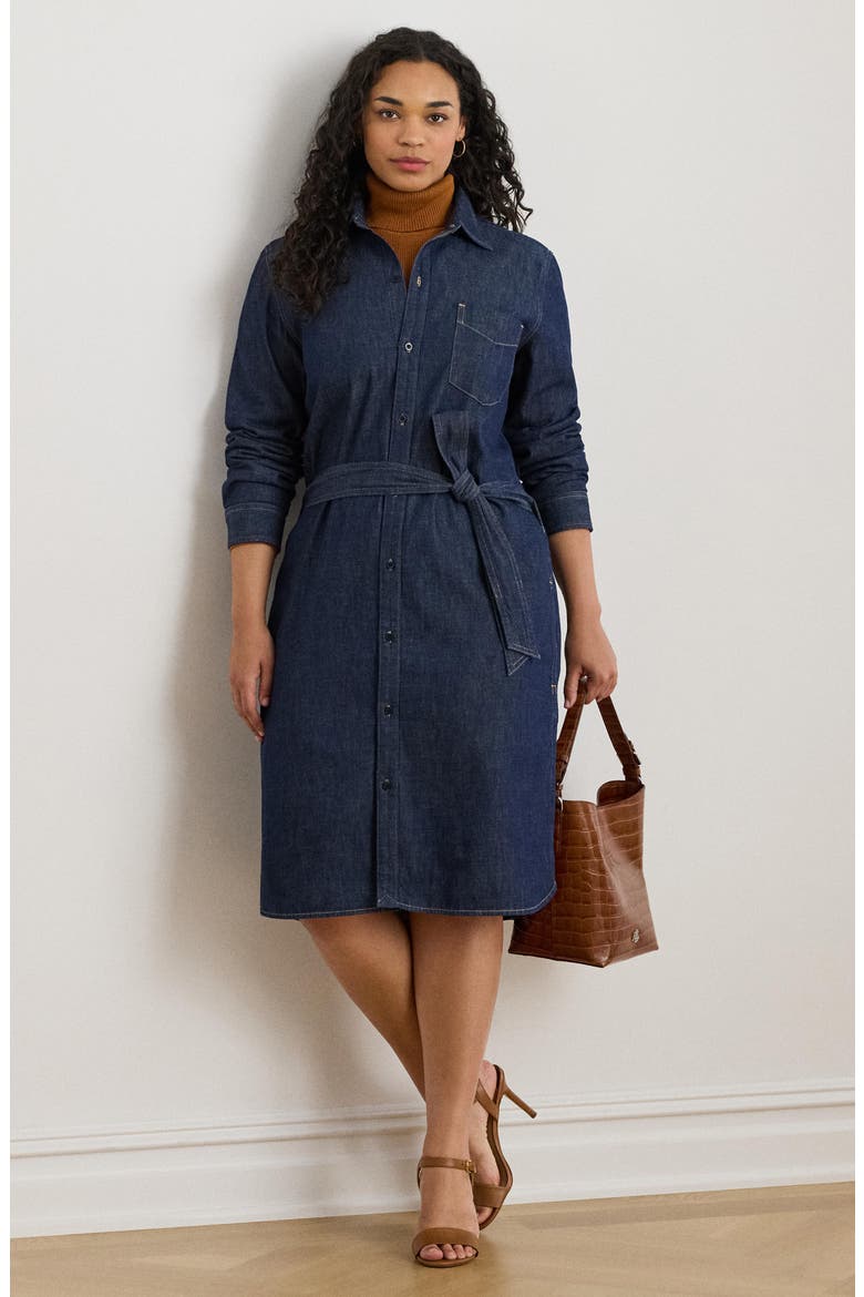 Jameika Tie Waist Long Sleeve Denim Shirtdress, Alternate, color, PURE RINSE WASH