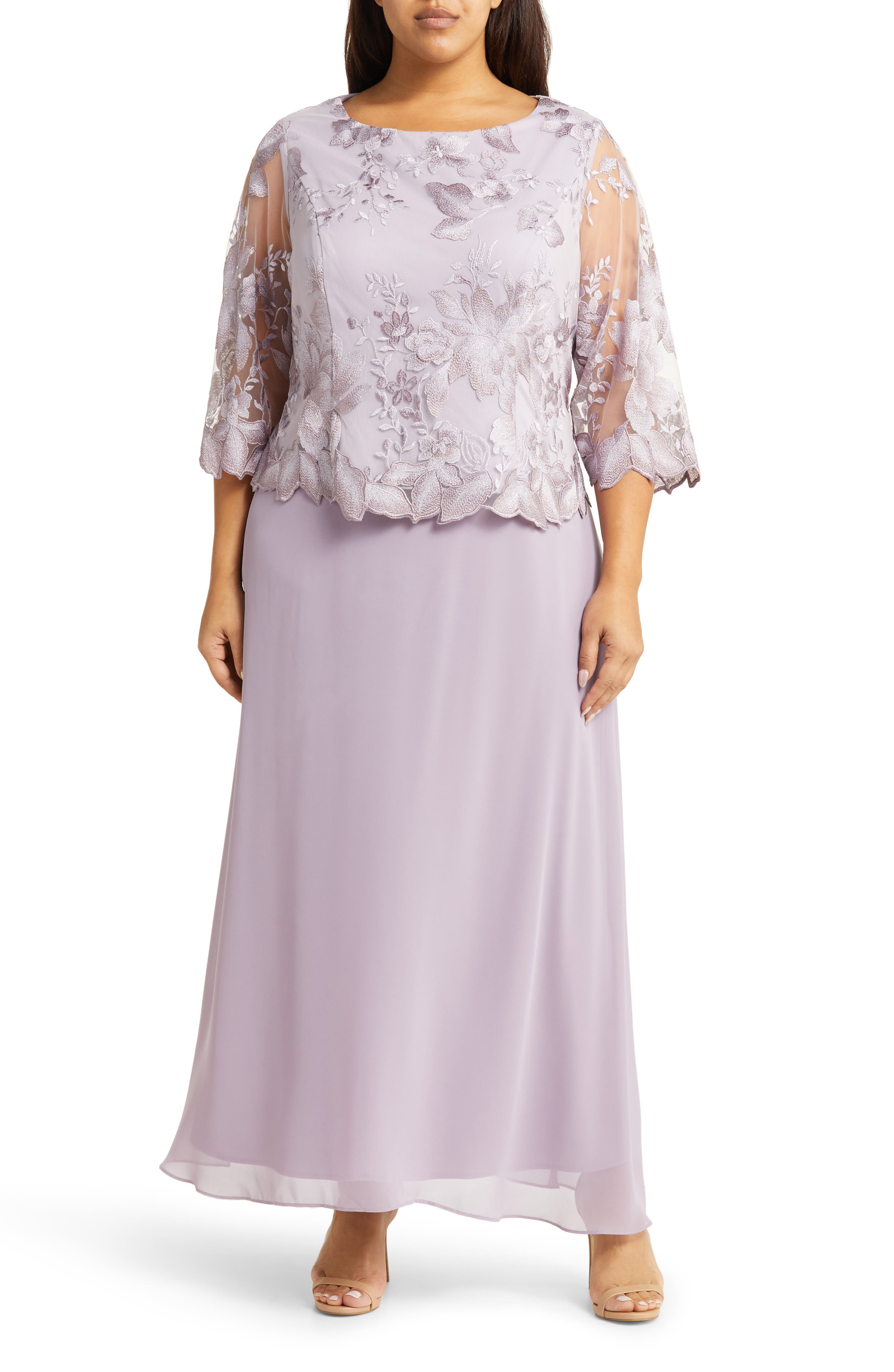 Alex Evenings Floral Embroidered Overlay Gown in Smokey Orchid 