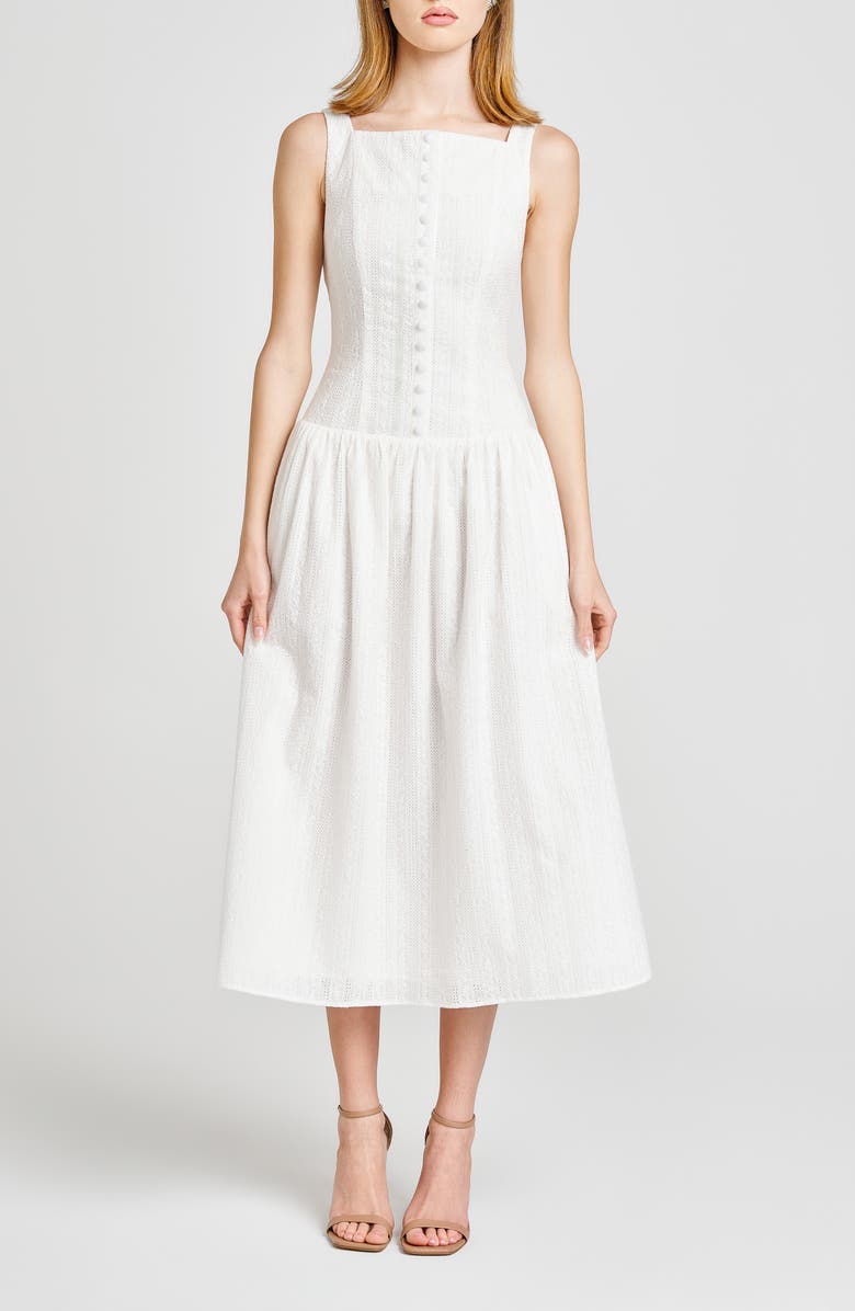 WAYF Eve Eyelet Embroidery A-Line Midi Dress, Main, color, Ivory