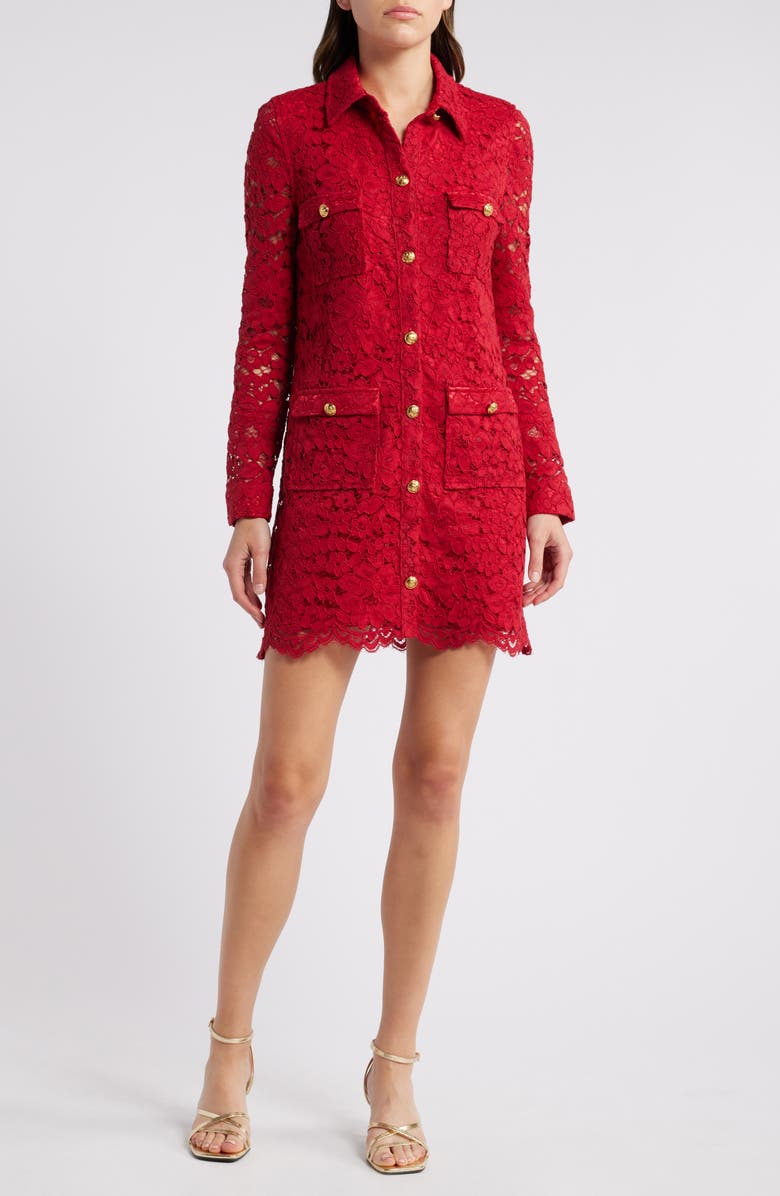 Saylor Luna Long Sleeve Lace Shirtdress, Main, color, Crimson