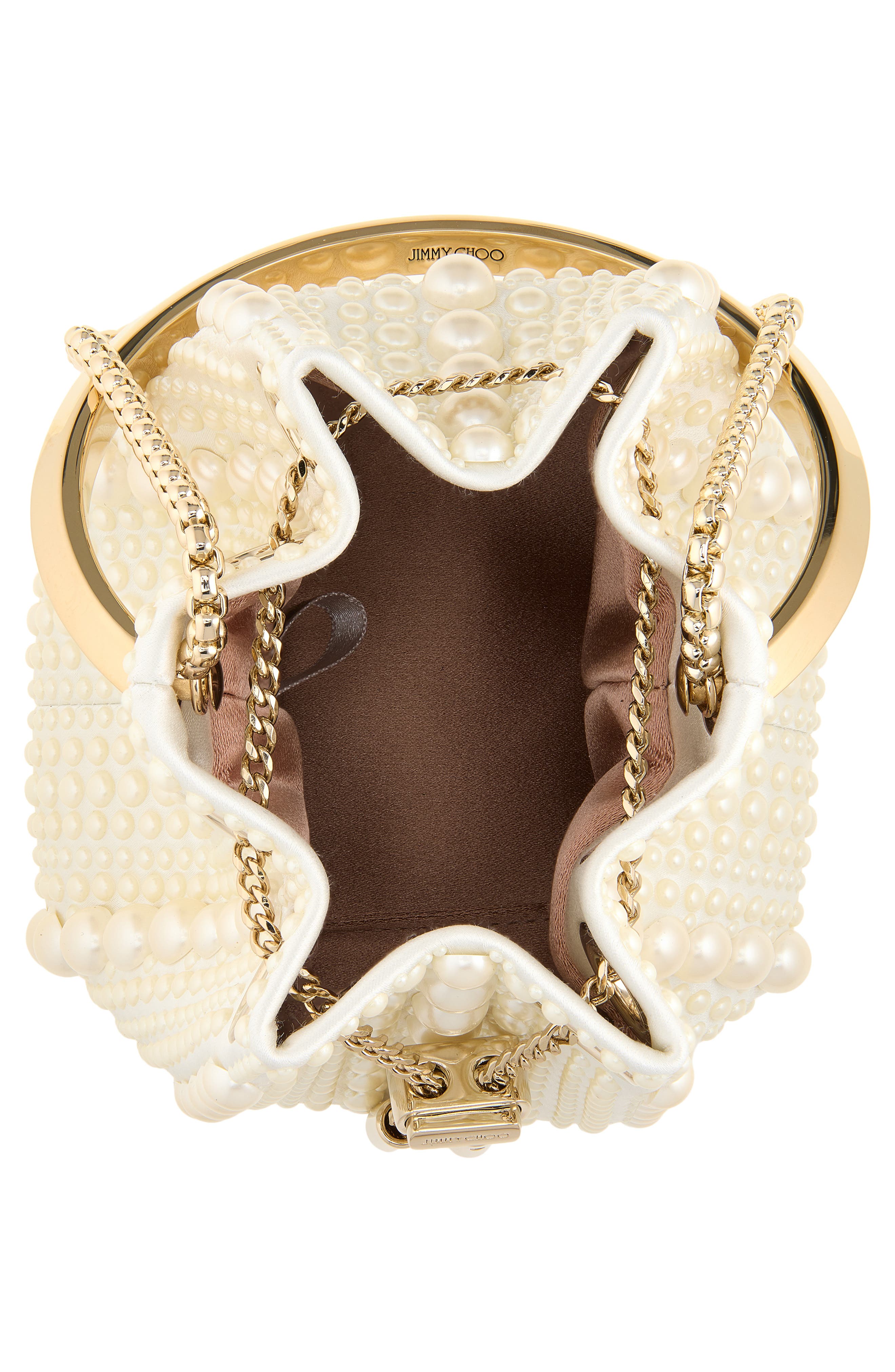 Micro Bon Bon Faux Pearl Embellished Satin Top Handle Pouch, Alternate, color, IVORY
