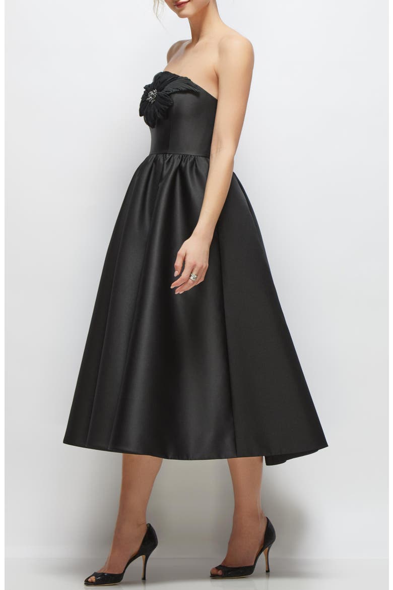 Floral Embellished Strapless Fit & Flare Midi Cocktail Dress, Alternate, color, BLACK