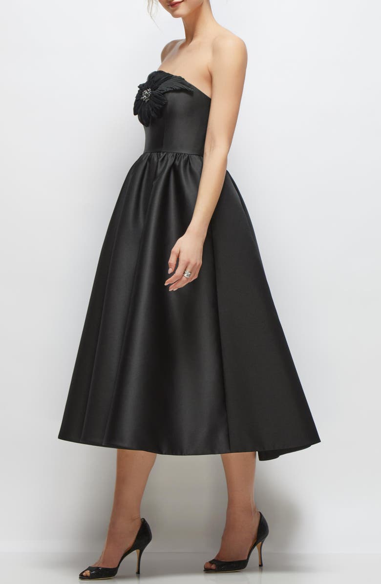 Dessy Collection Floral Embellished Strapless Fit & Flare Midi Cocktail Dress, Alternate, color, Black