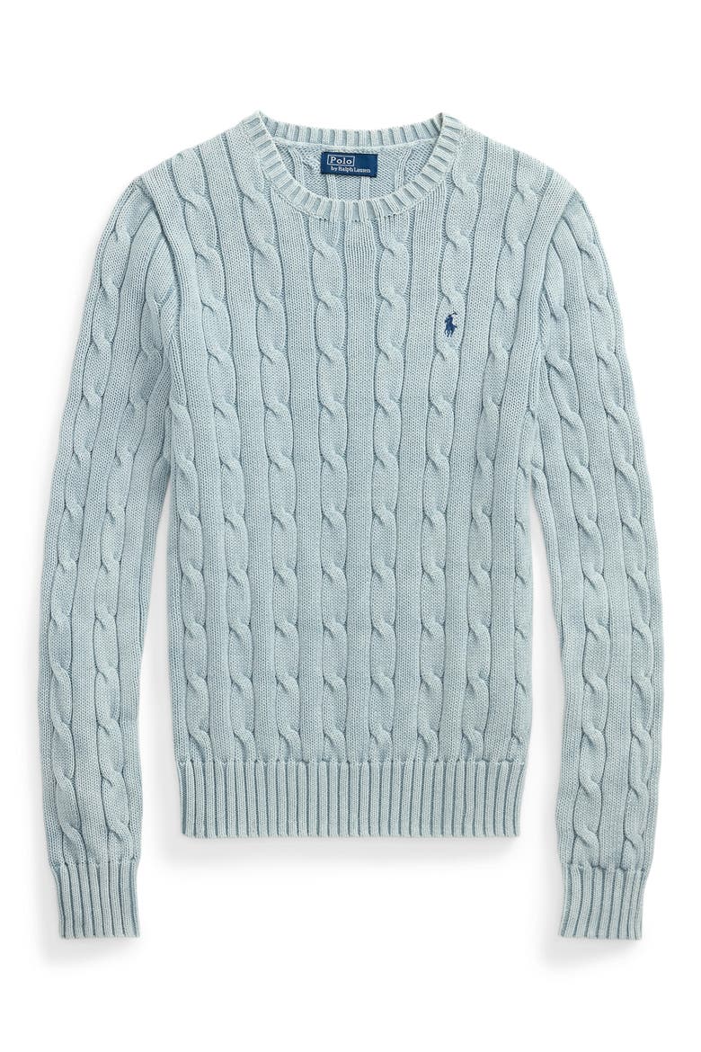 Cable Knit Cotton Crewneck Sweater, Alternate, color, LIGHT CHAMBRAY