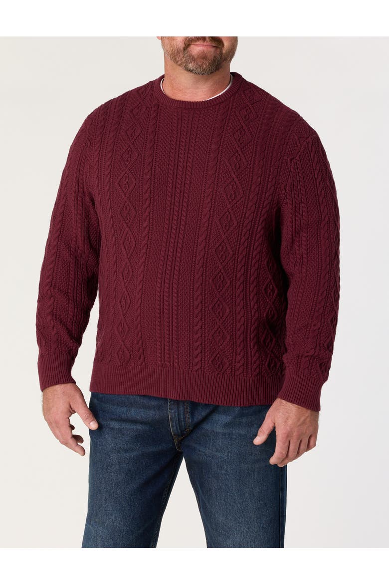 Big & Tall Cabled Crewneck Sweater, Alternate, color, WINDSOR WINE