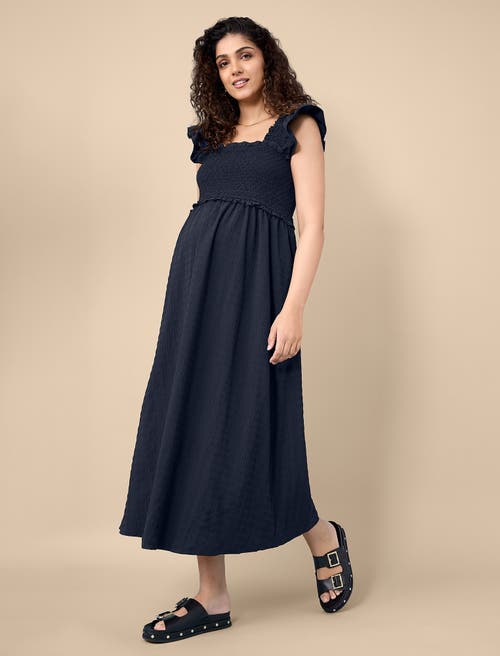 Motherhood Maternity Sleeveless Ruffle Shoulder Smocked Maxi Dress In Black
