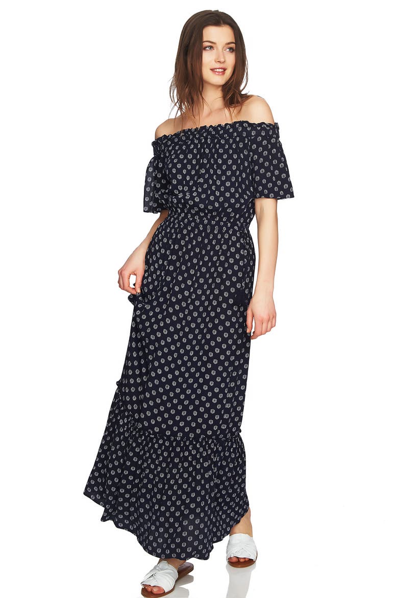 Off the Shoulder Cinched Waist Maxi Dress, Alternate, color, NIGHT NAVY