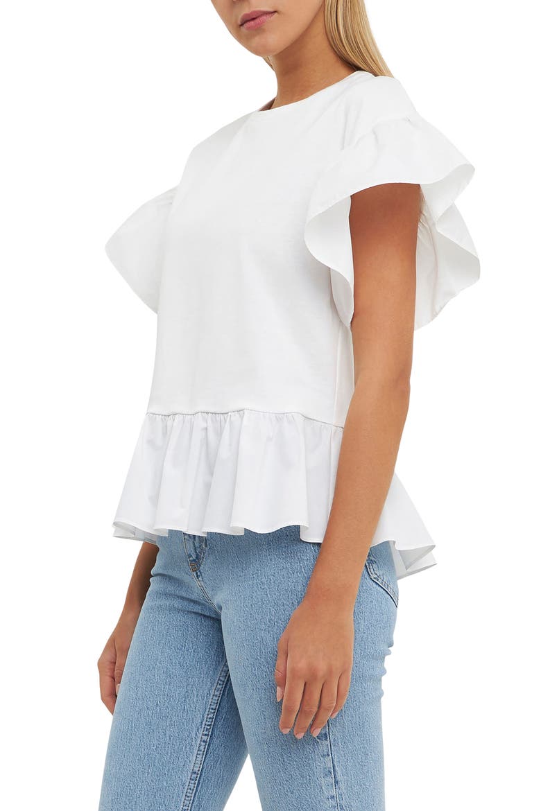 Mixed Media Flutter Sleeve Peplum Cotton Top, Alternate, color, WHITE