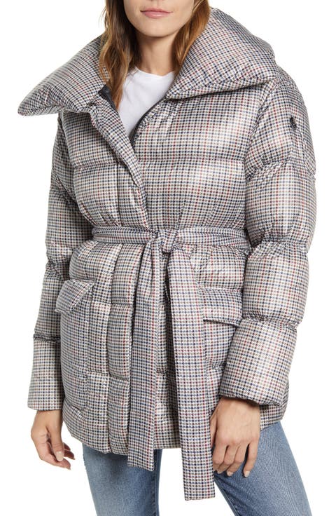 Herringbone Print Belted Puffer Coat