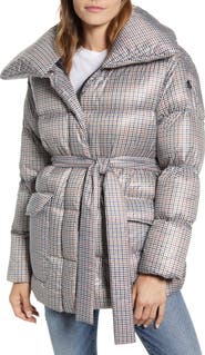 Bernardo Herringbone Print Belted Puffer Coat