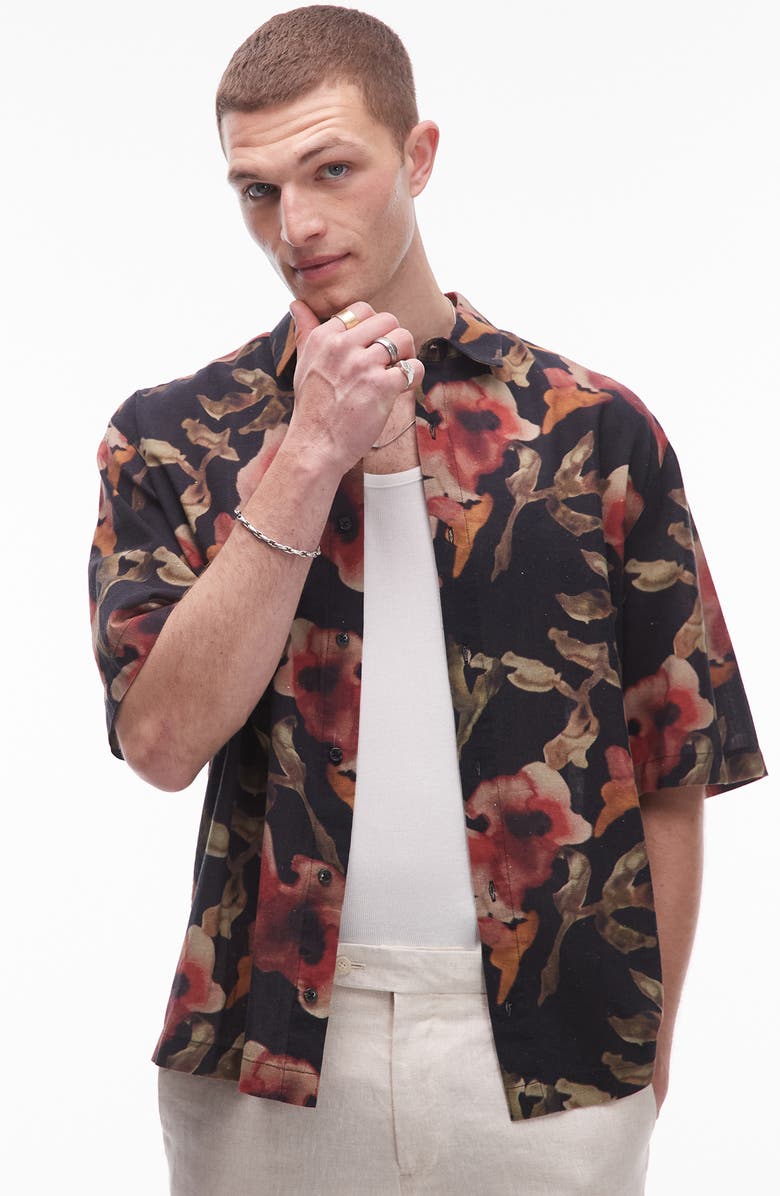 Topman Floral Short Sleeve Cotton & Linen Button-Up Shirt, Main, color, Black