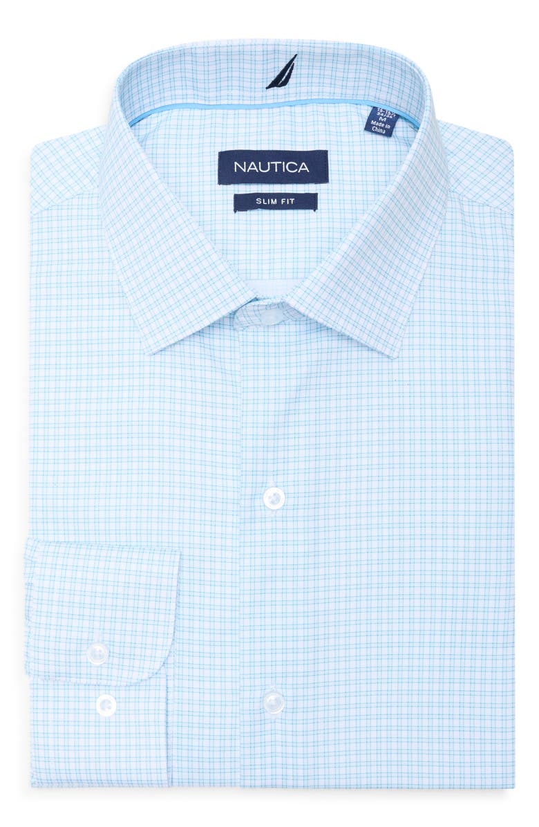 Nautica Slim Fit Grid Print Dress Shirt, Alternate, color, Turquoise