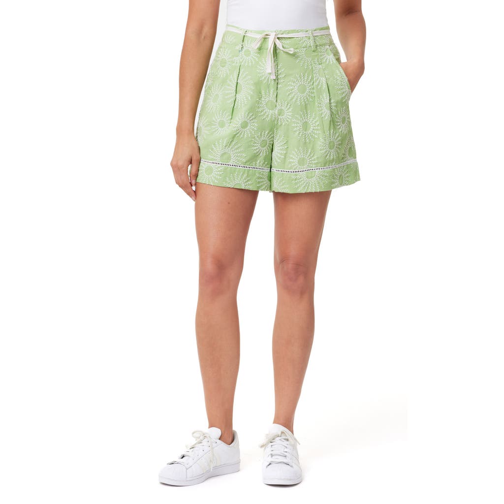 Scotch & Soda Embroidered High Waist Wide Leg Cotton & Linen Shorts In Pistachio