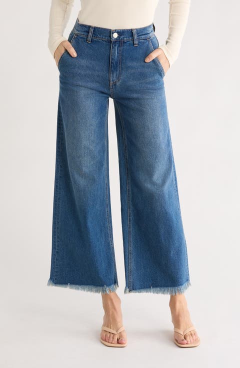 Emory High Waist Fray Hem Wide Leg Jeans (Lola Blue)