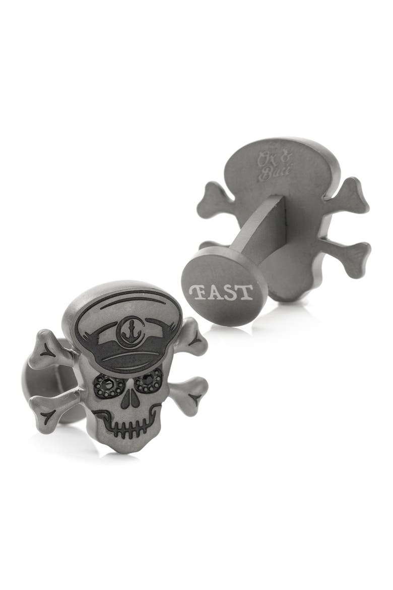 Hold Fast Skull & Bones Cuff Links, Alternate, color, GUNMETAL