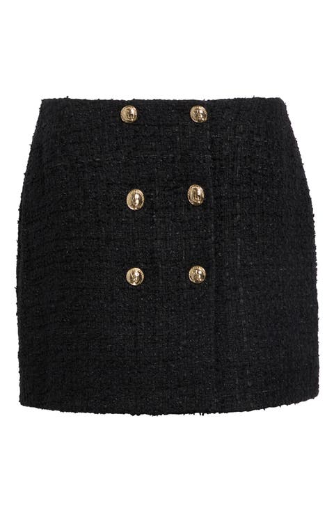 Button Cotton Blend Tweed Miniskirt