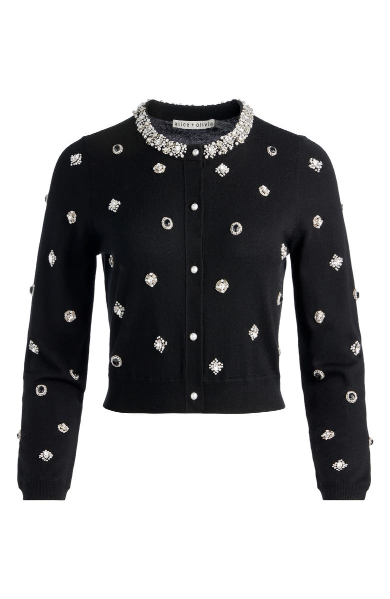 Alice + Olivia Dollie Jewel Embellished Cardigan, Alternate, color, Black