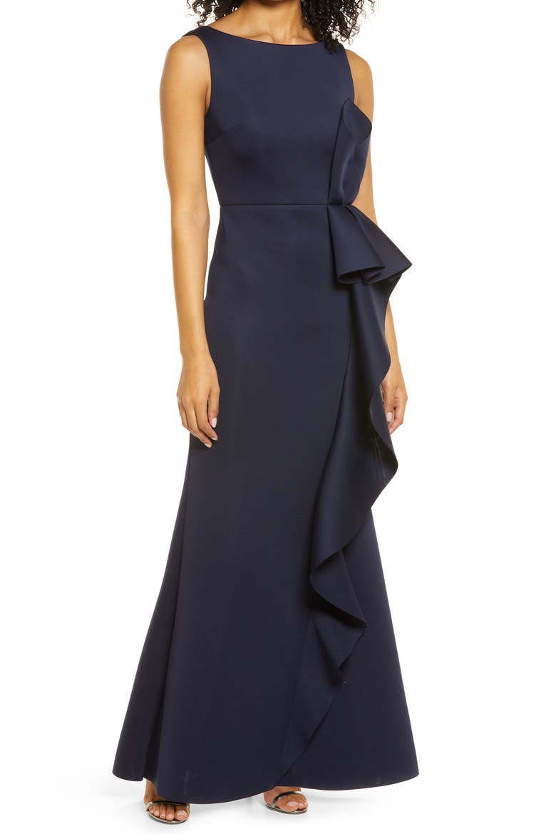 Ruffle Sleeveless Mermaid Gown, Main, color, NAVY