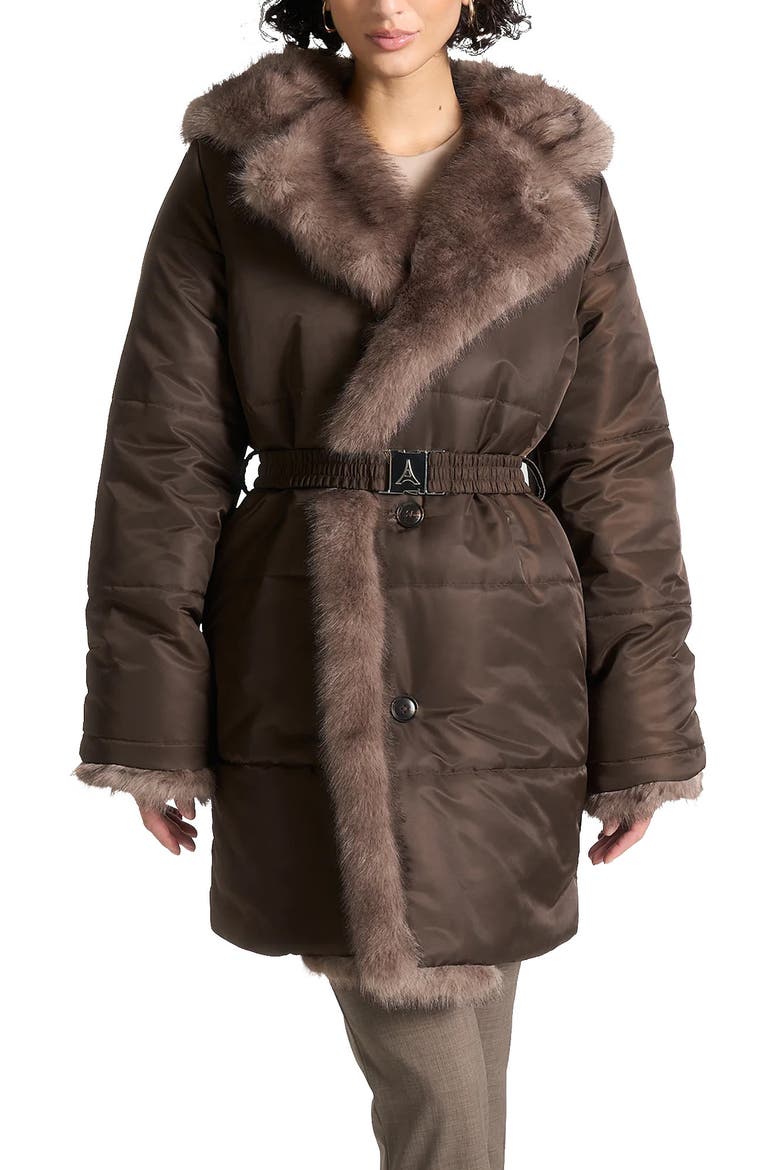 Alima Fur Longline Belted Coat, Main, color, Brown