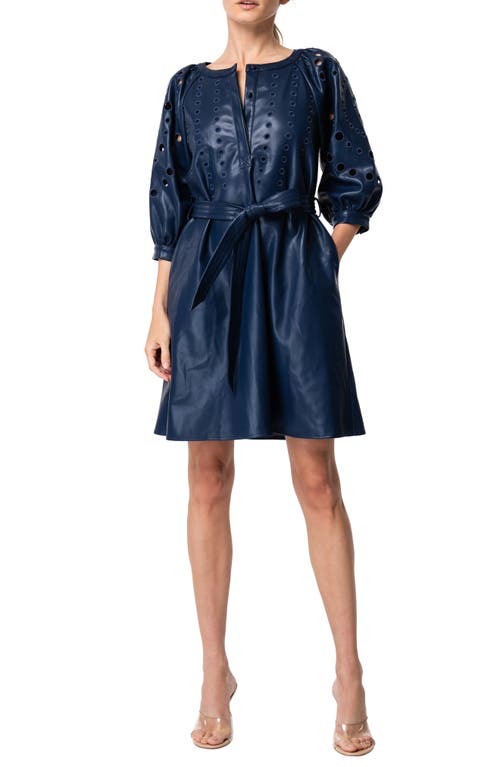 CIEBON Kinna Eyelet Puff Sleeve Tie Belt Faux Leather Shirtdress in Navy 