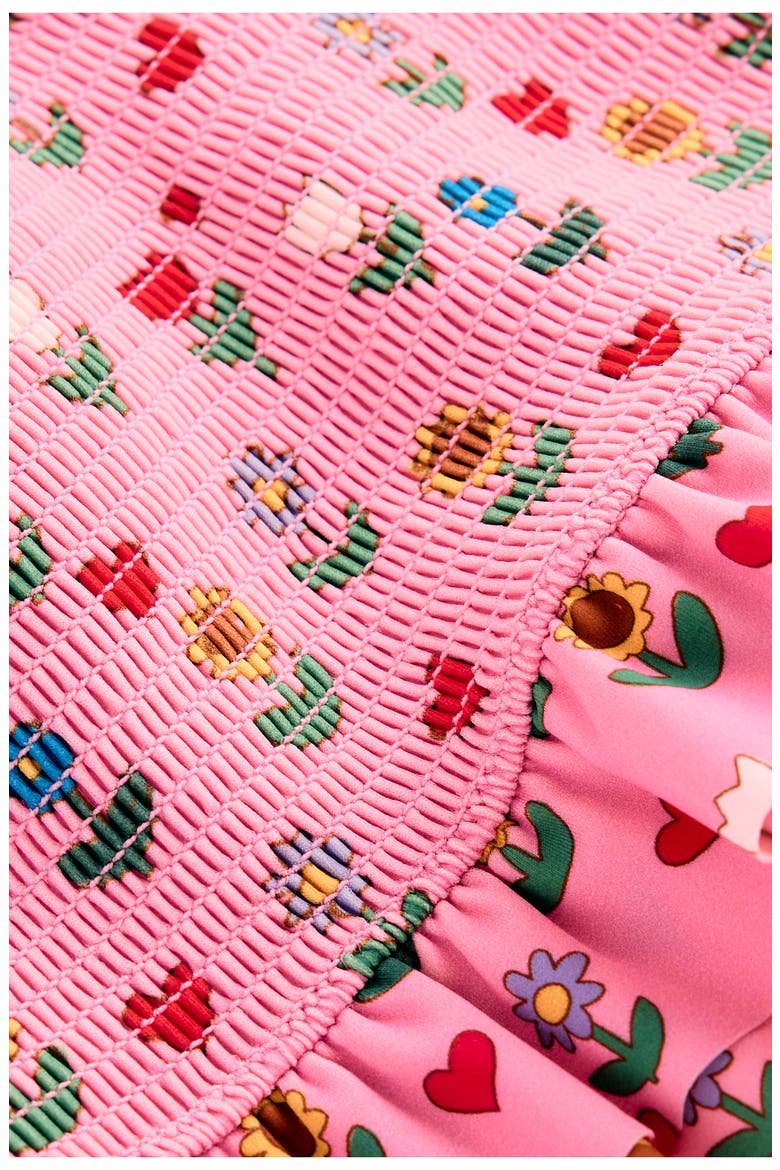 Kids' Smocked Peplum Two-Piece Swimsuit, Alternate, color, ALMOND PINK SUNFLOWER GARDEN