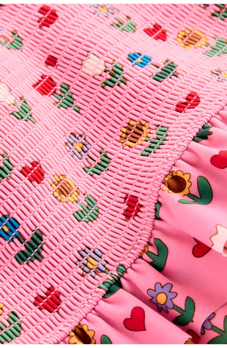 Mini Boden Kids' Smocked Peplum Two-Piece Swimsuit, Alternate, color, Almond Pink Sunflower Garden