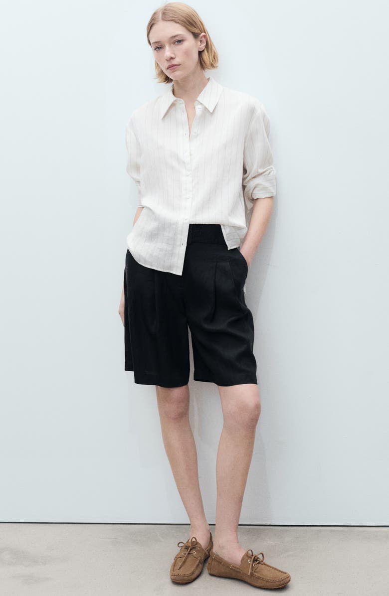MANGO Samari Belted Linen Bermuda Shorts, Alternate, color, Black