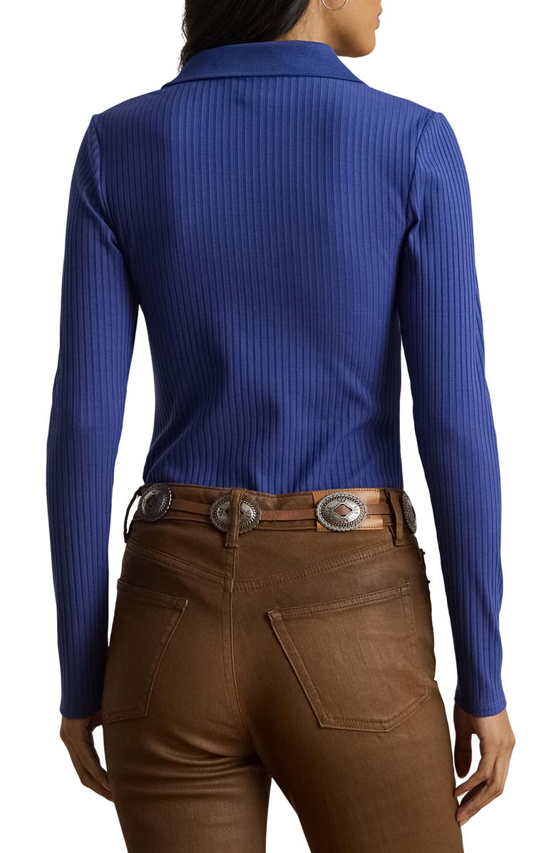 Lauren Ralph Lauren Rib Long Sleeve Polo Top, Alternate, color, Charter Blue